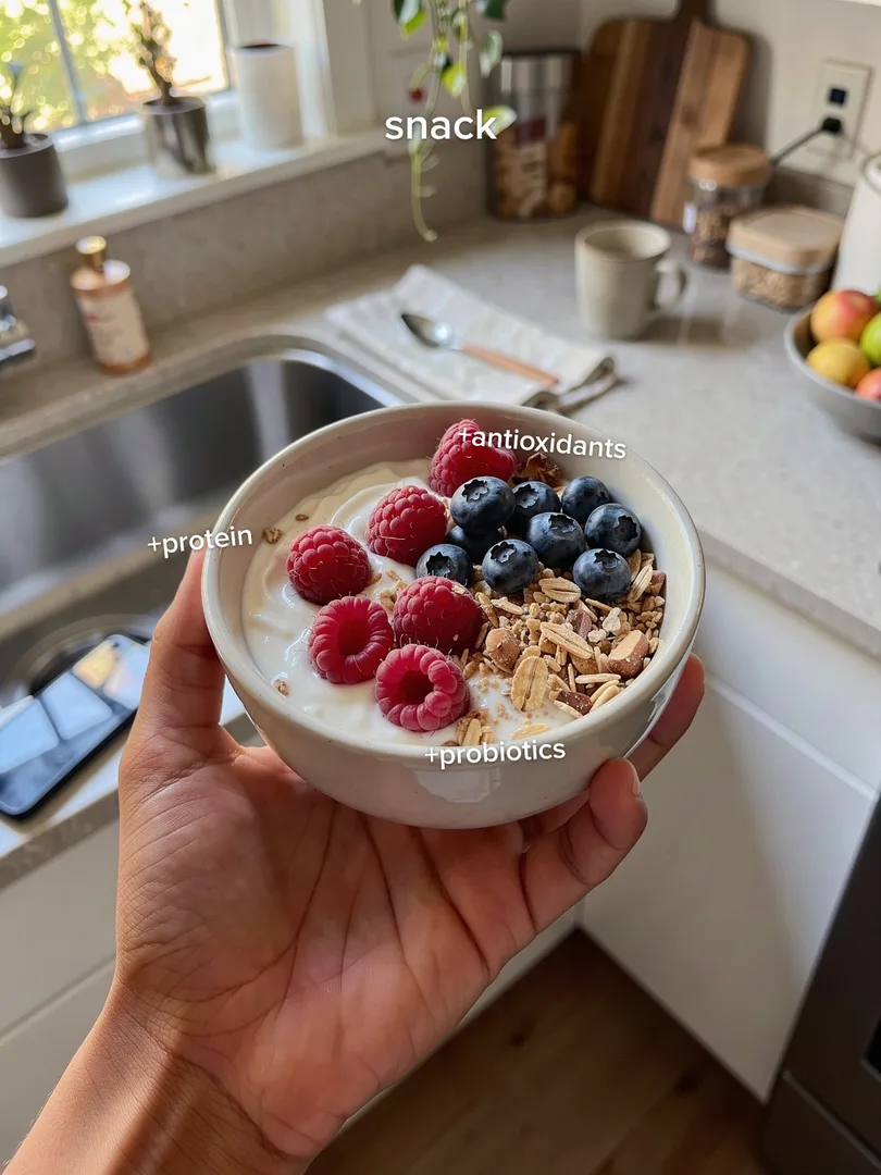 A hand holds a yogurt bowl with berries in a kitchen, labels antioxidants and probiotics