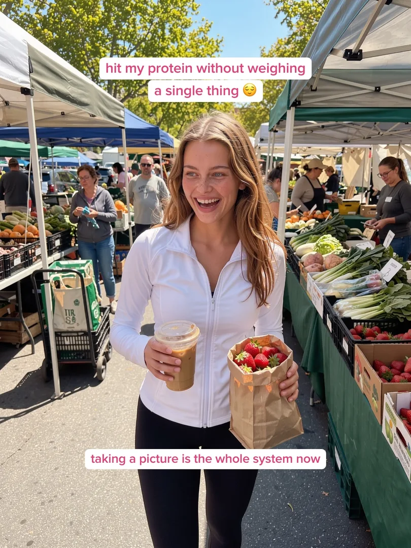 The creator laughing at a farmers market with a coffee and a bag of strawberries, text: hit my protein without weighing a single thing
