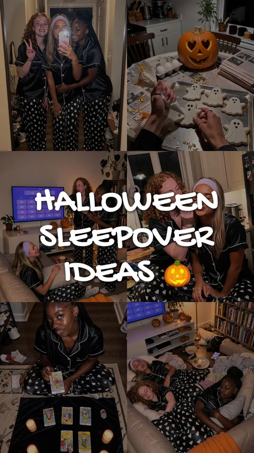 Slide 1: Halloween sleepover ideas, girls in pyjamas with a carved pumpkin
