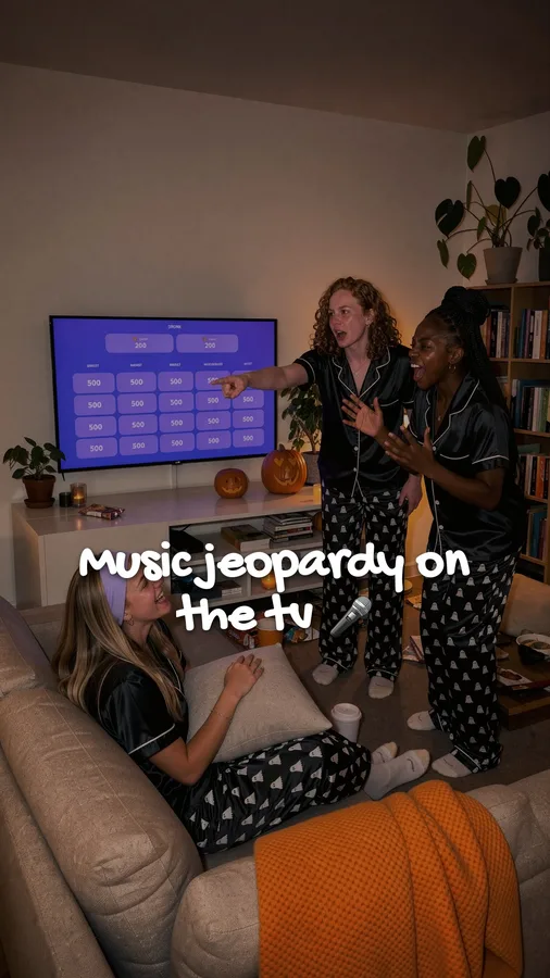 Slide 6: music jeopardy on the TV, the app's quiz on screen