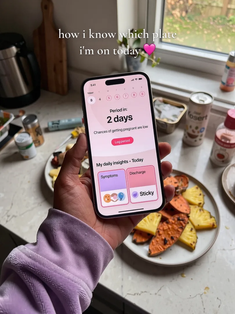 Remake slide 6: her hand holding a phone showing the cycle app, text how i know which plate i'm on today