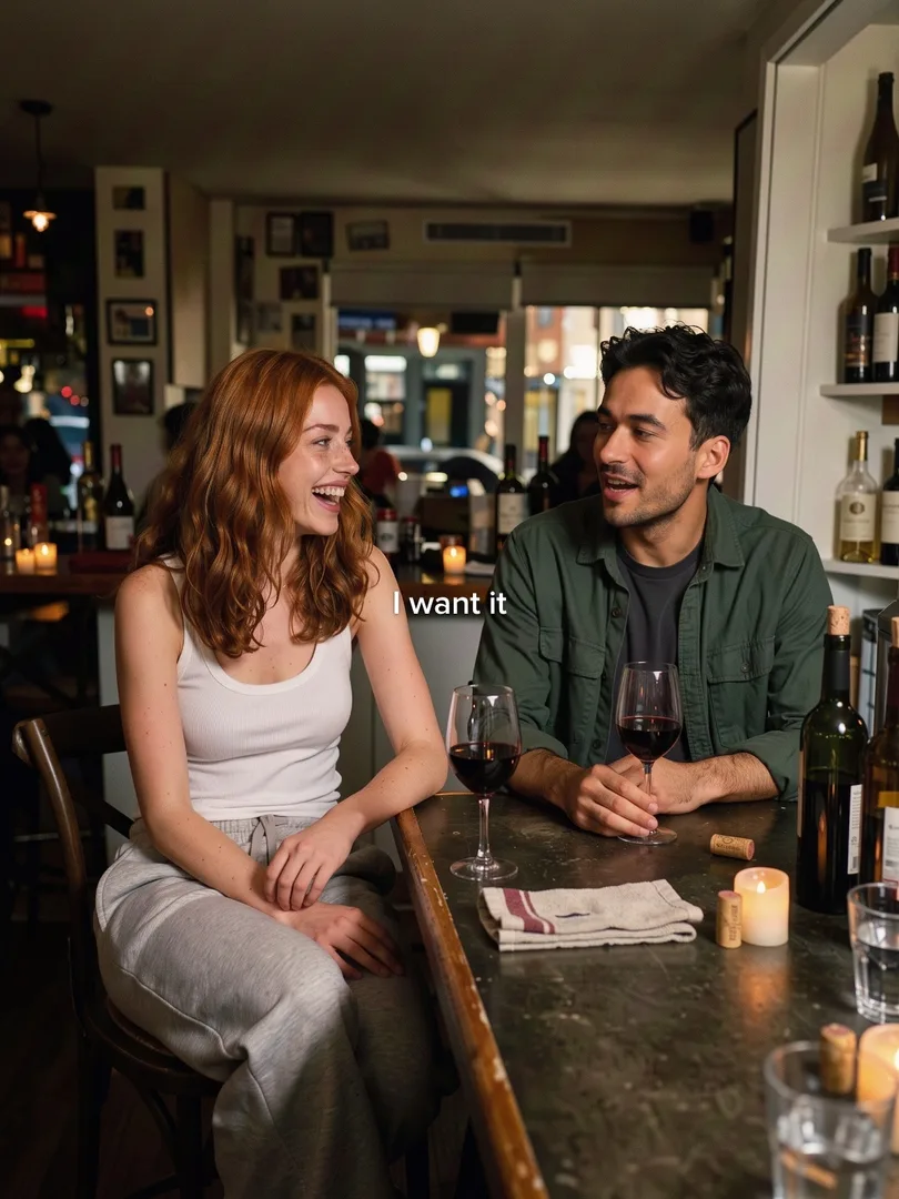 Remake slide 3: the two of them on a first date at a candlelit wine bar, text I want it