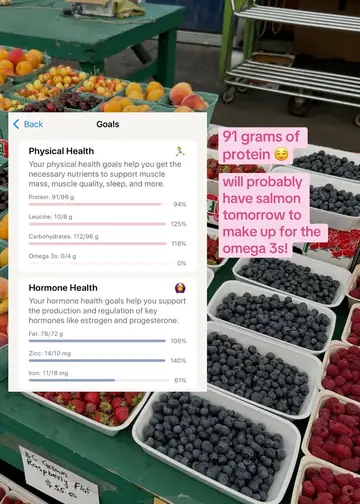 Original last slide: a nutrition app goals screen over a berry stand, text 91 grams of protein