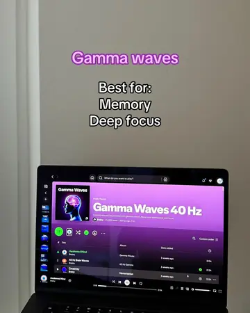 Original last slide: a laptop playing gamma waves music, text: gamma waves, best for memory and deep focus