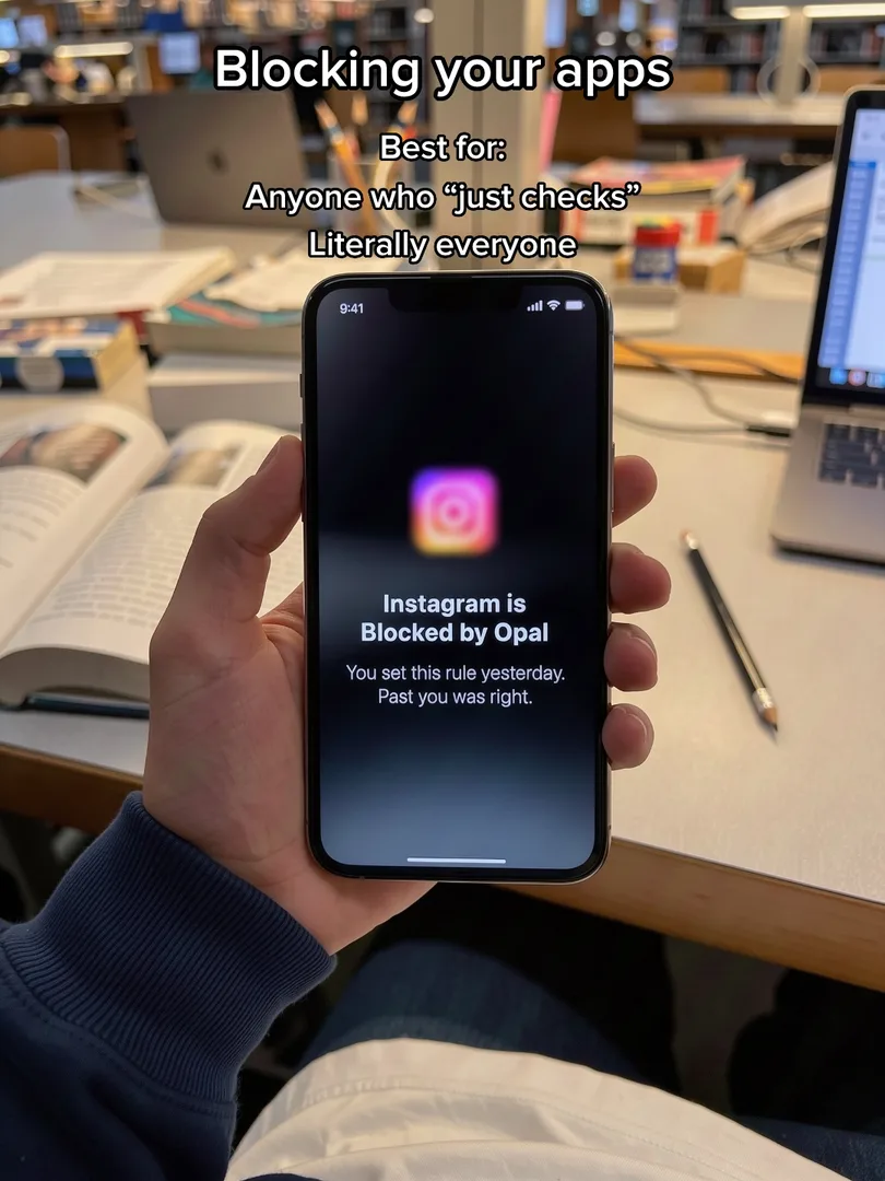 Slideshow slide 5: a phone in a library shows Instagram is blocked