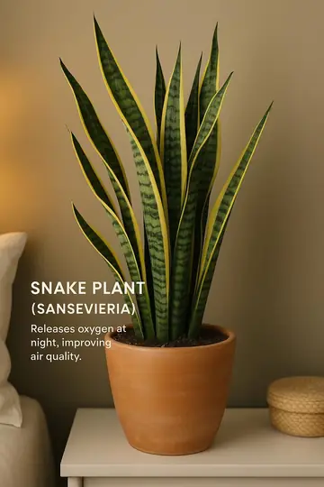 Slide 2: snake plant on a nightstand with a one-line benefit