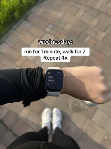 Original slide 4: a wrist with a smartwatch over white sneakers on brick pavement, wednesday: run for 1 minute, walk for 7