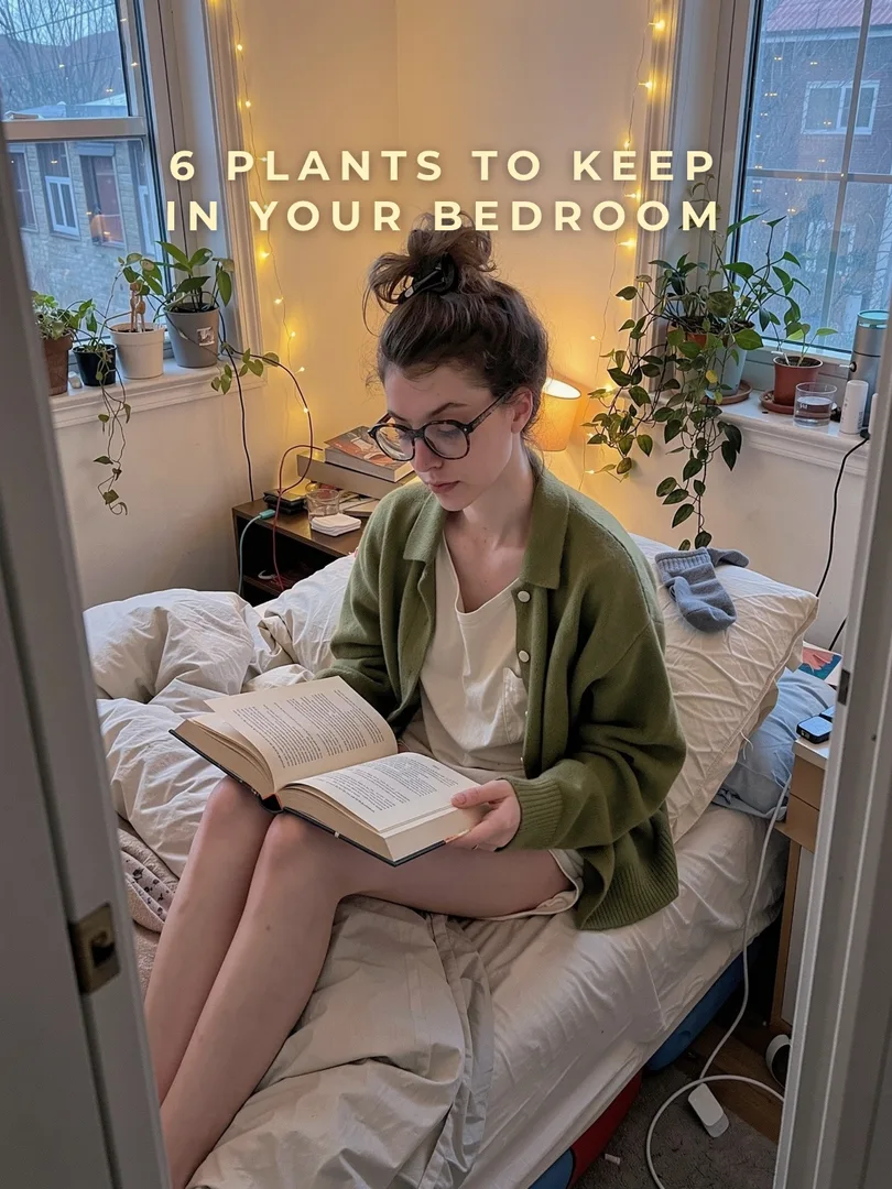 Slide 1: a woman reading in bed in a room full of plants, 6 plants to keep in your bedroom