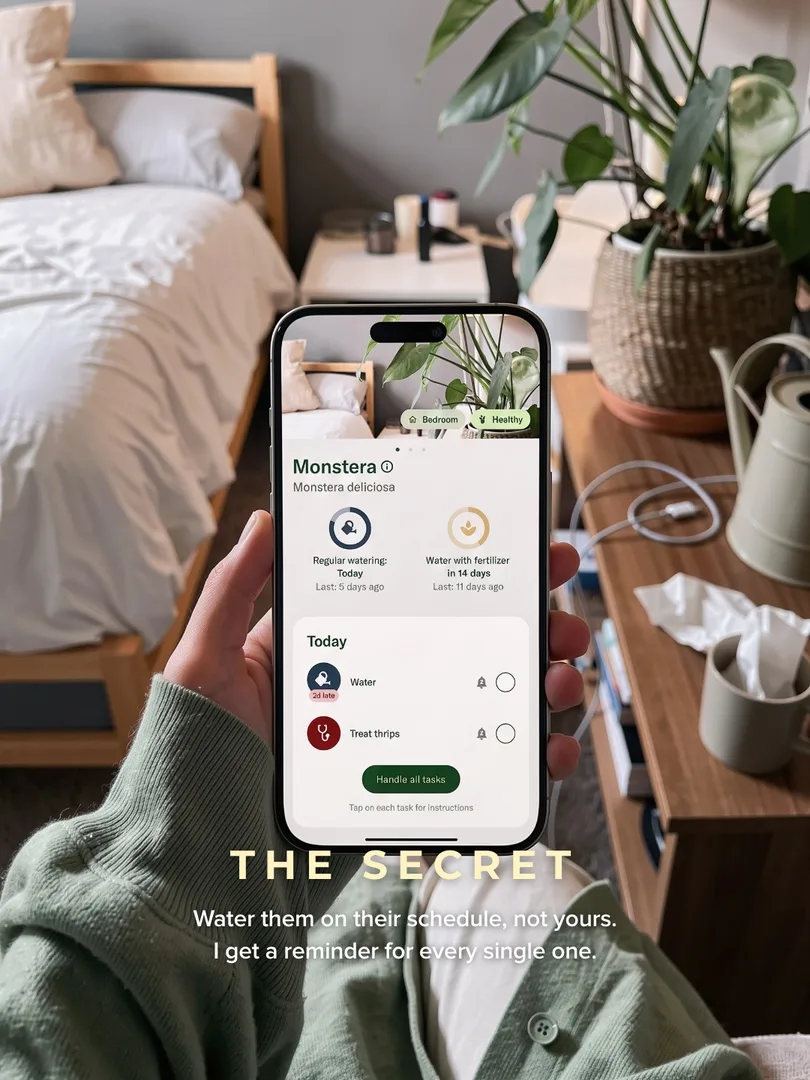 Slide 6: a hand holding a phone with the plant app's watering schedule, the secret