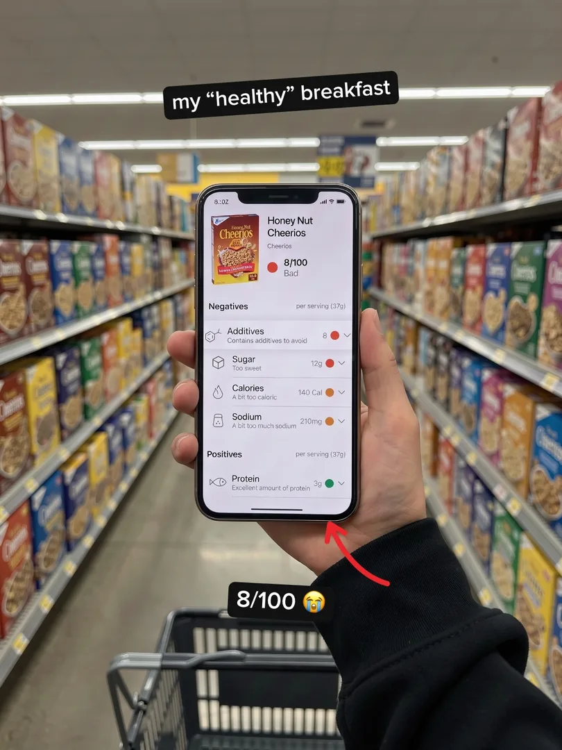 Slideshow slide 2: a hand holds a phone in a cereal aisle, the scan shows 8 out of 100