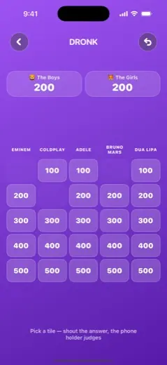 Screenshot: a jeopardy-style board with points per artist