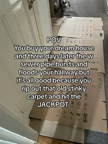 First slide: POV / You buy your dream house and three days later the w sewer pipe bursts and floods your hallway but it's a