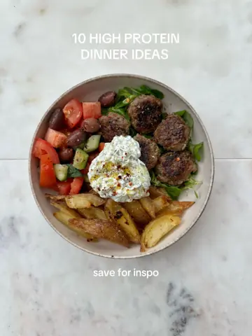 First slide: 10 HIGH PROTEIN / DINNER IDEAS / save for inspo