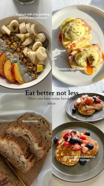 First slide: Eat better not less / Here you have some breakfast ideas