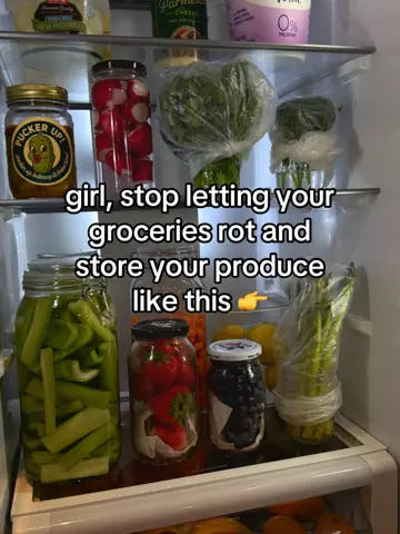 First slide: girl, stop letting your groceries rot and store your produce like this 👉