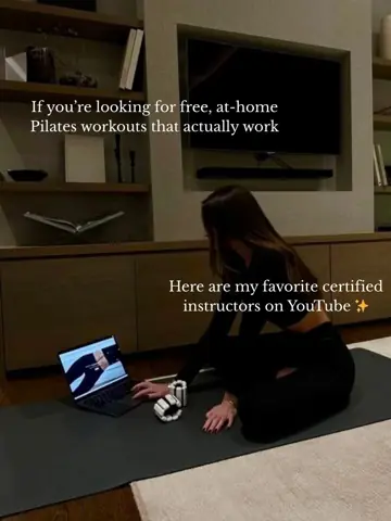 First slide: If you're looking for free, at-home Pilates workouts that actually work / Here are my favorite certified instr
