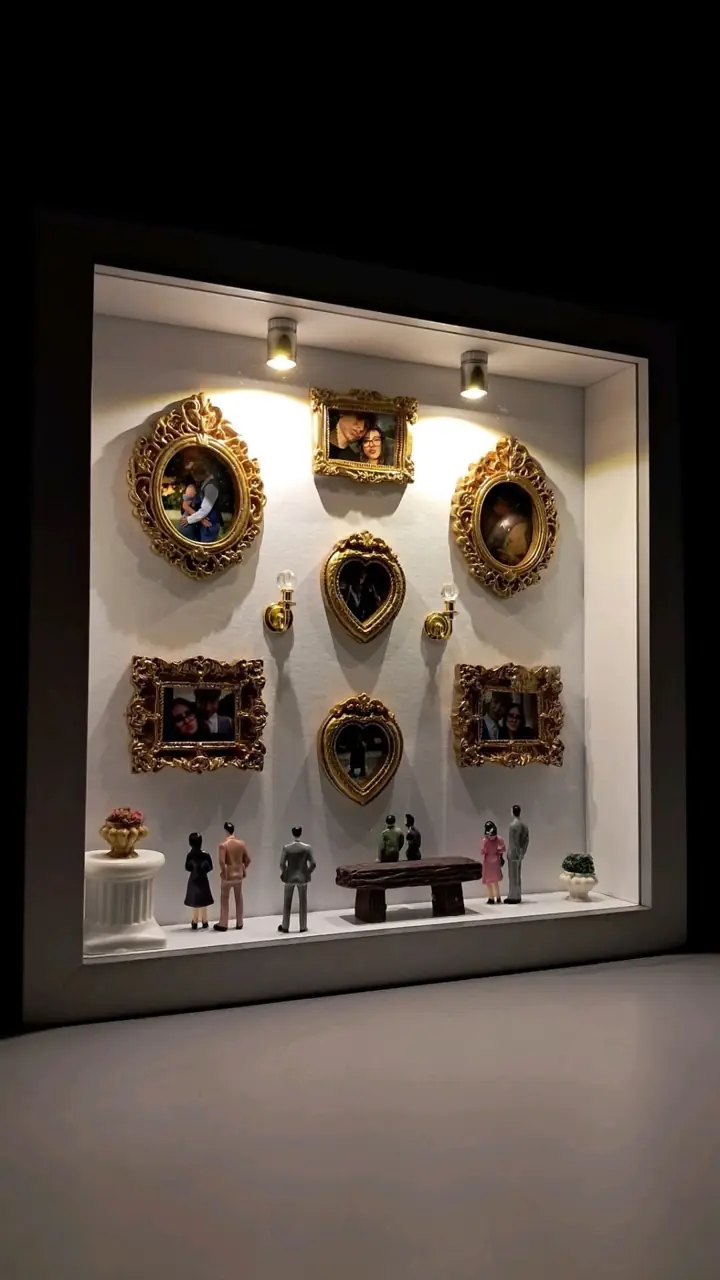 Slide 3: a lit shadow box with tiny gold frames of couple photos