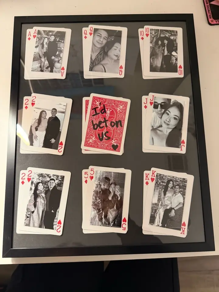 Slide 4: framed playing cards printed with couple photos, centre card reads I'd bet on us