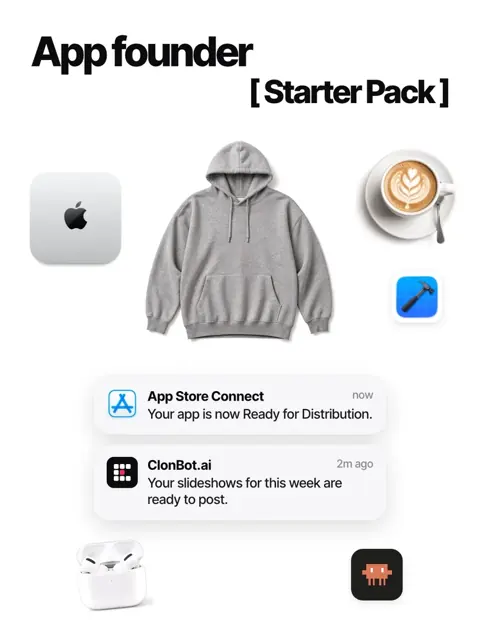 App founder starter pack: a grey hoodie, a Mac mini, a latte and two phone notifications on a white background