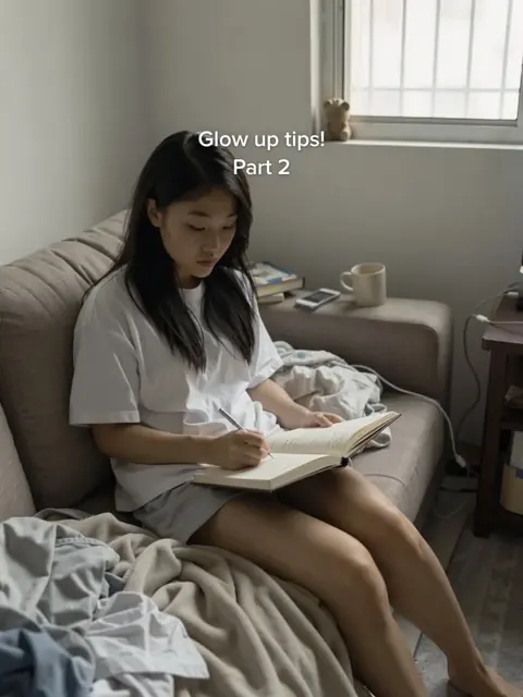 Cover: a girl writing in a journal on the sofa, glow up tips part 2