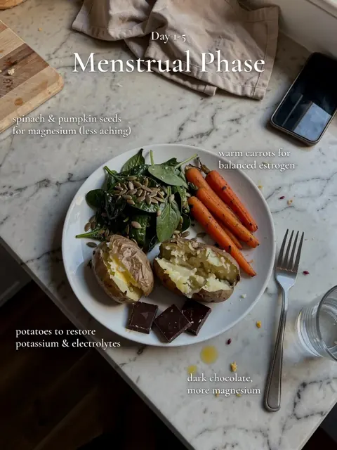 Slide 2: menstrual phase plate with spinach, potatoes and dark chocolate