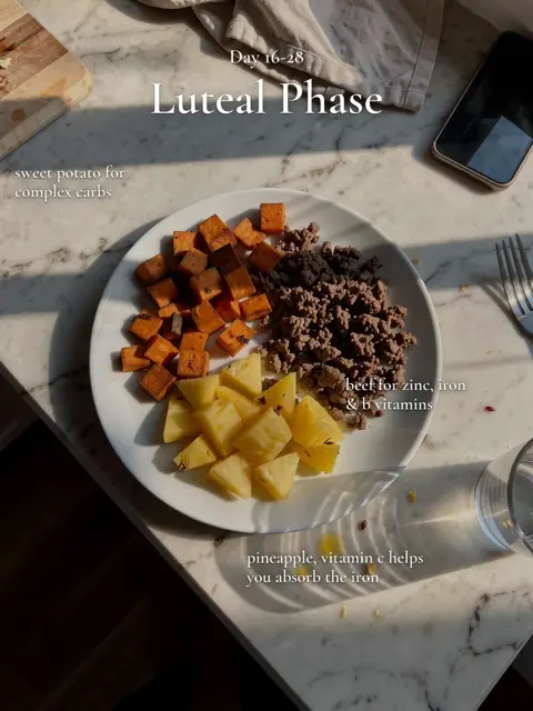 Slide 5: luteal phase plate with sweet potato, beef and pineapple