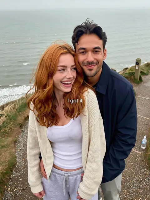 Remake slide 4: the couple smiling on a windy coastal cliff, text I got it