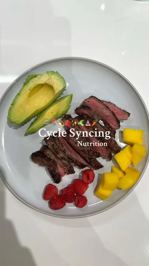 Original slide 1: a plate of steak, avocado and fruit, text cycle syncing nutrition