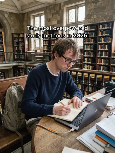 Cover: a student at a library desk, the most overpowered study methods