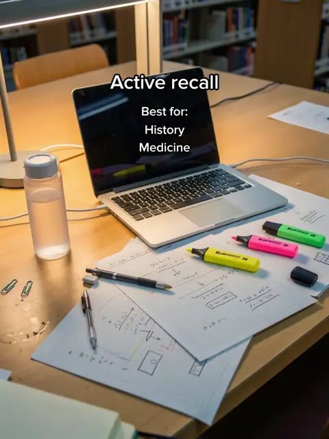 Slide 2: a desk with a laptop, notes and a water bottle, text: active recall