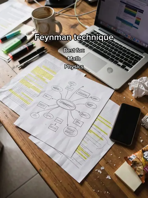 Slide 3: an open notebook with a mind map, text: Feynman technique