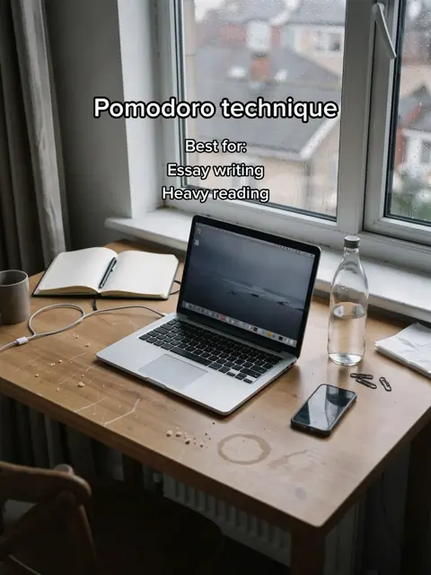 Slide 4: a laptop and a timer by the window, text: Pomodoro technique