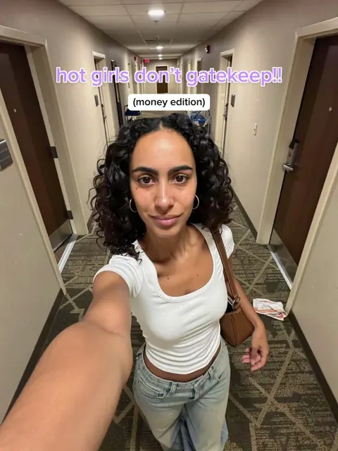 Cover: hallway selfie with the text hot girls don't gatekeep, money edition