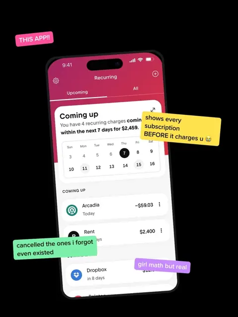 Slide 3: the app's list of upcoming subscription charges with handwritten notes