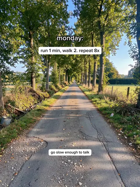 Slide 3: a tree-lined path, text: monday, run 1 min, walk 2, repeat 8x
