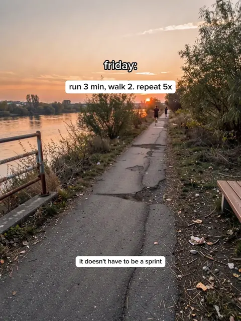 Slide 5: a river path at sunset, text: friday, run 3 min, walk 2, repeat 5x